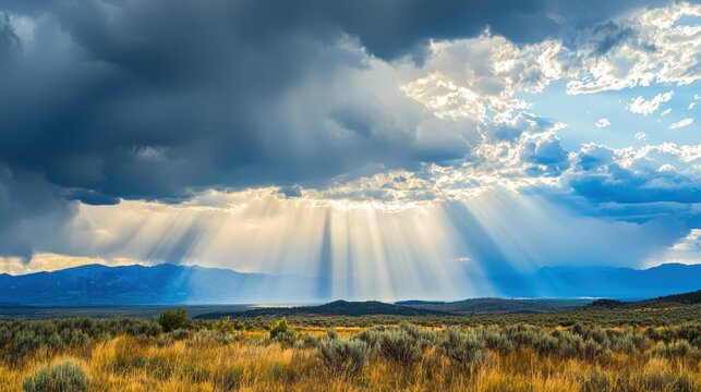 Dramatic storm clouds rolling in over a landscape, with rays of sunlight breaking through