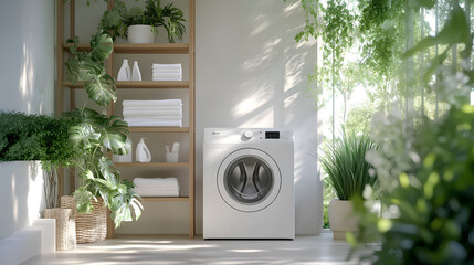 Modern Minimalist Washing Machine in Bright Laundry Room with Green Plants