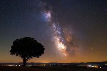 Fototapeta premium Lone tree silhouetted against Milky Way over distant town