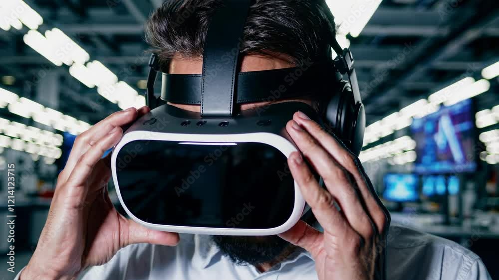 Fototapete man experiences virtual reality in technology lab while immersed in digital environment