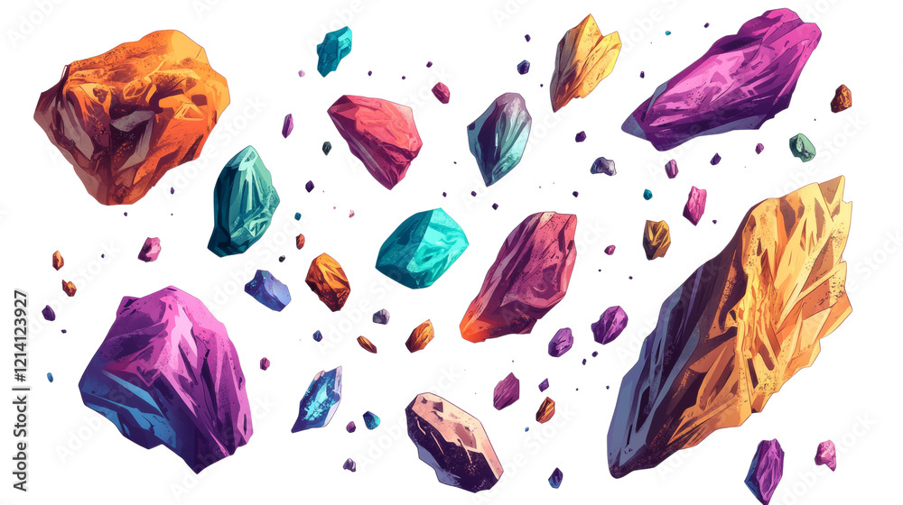 Poster The image depicts numerous vibrant and colorful crystals or gemstones floating in a dark, seemingly boundless space.
