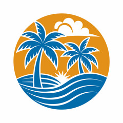 Two palm trees stand against a vibrant sunset, framed by a circular design that incorporates waves and a bright sun