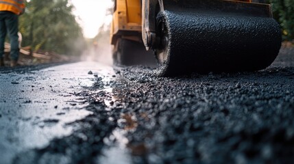 asphalt roller machine paving a new road with fresh asphalt in a construction site, roadwork infrastructure development in progress