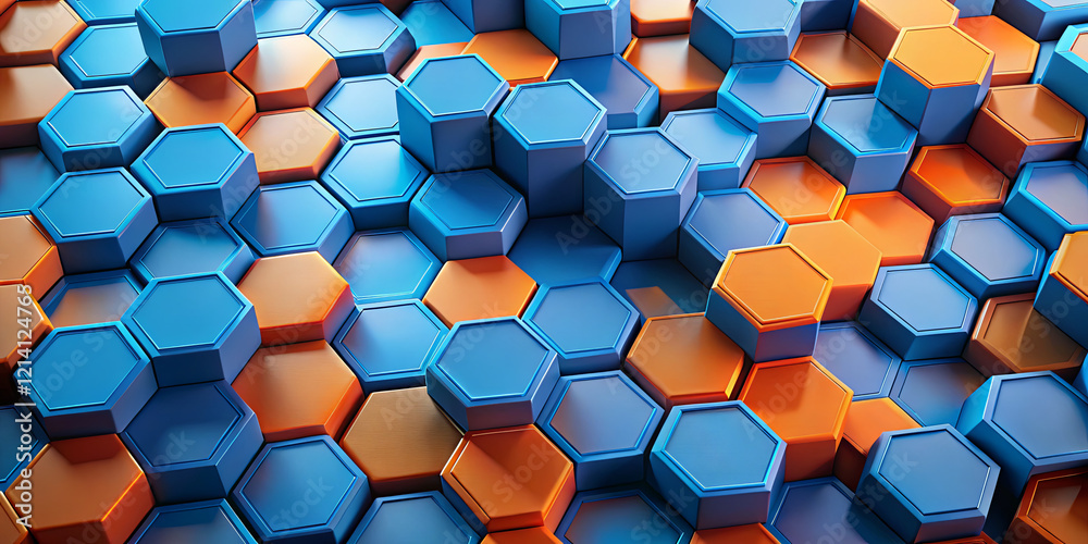 Poster interlocking blue and orange hexagons form a captivating abstract pattern, showcasing depth and text