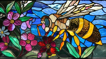 Honey bee with flower A stained glass window 