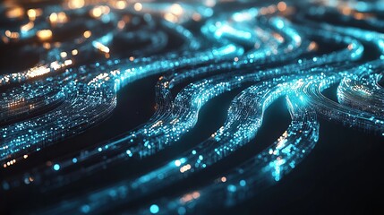 A flowing digital river of glowing blue and silver lines forming layers of abstract financial growth symbols