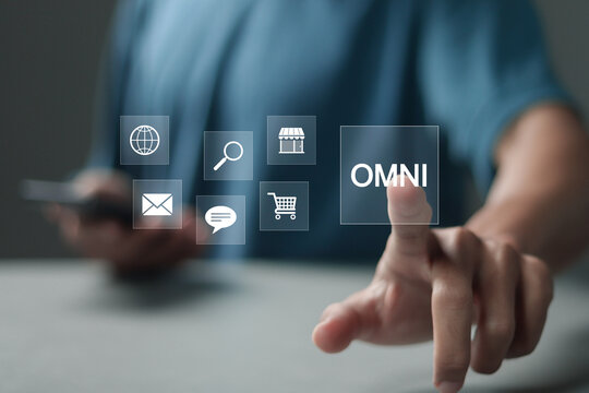 Omni channel concept. Person with omni channel icons for business and social media marketing. business strategies to increase access to online shopping and marketing.