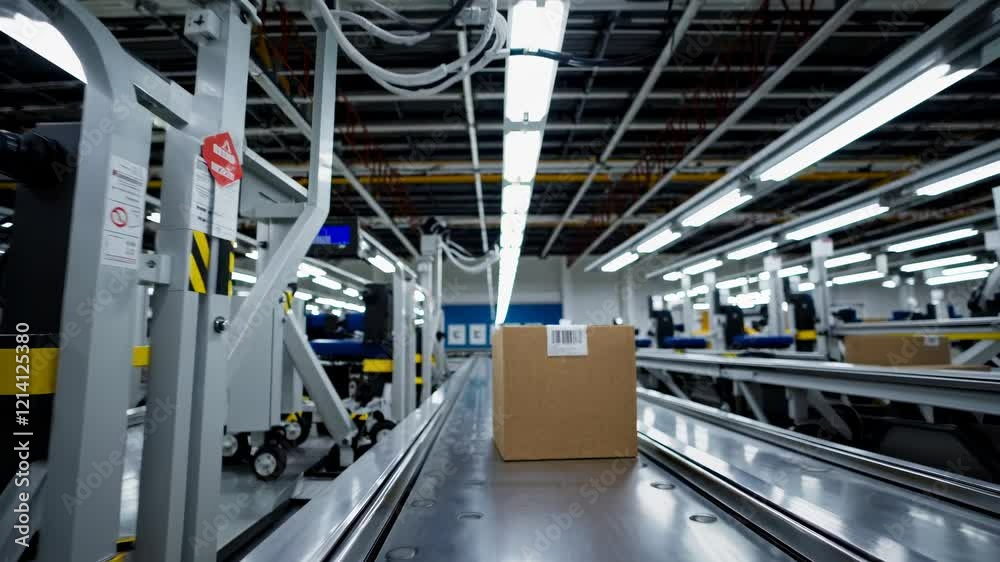 Aufkleber automation in logistics warehouse features packages on conveyor and robotic systems working efficien