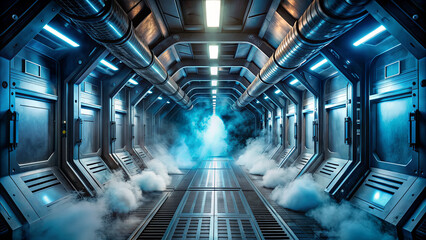 A long corridor with advanced metallic walls and glowing blue lights is filled with dense fog, creating a mysterious atmosphere reminiscent of science fiction environments