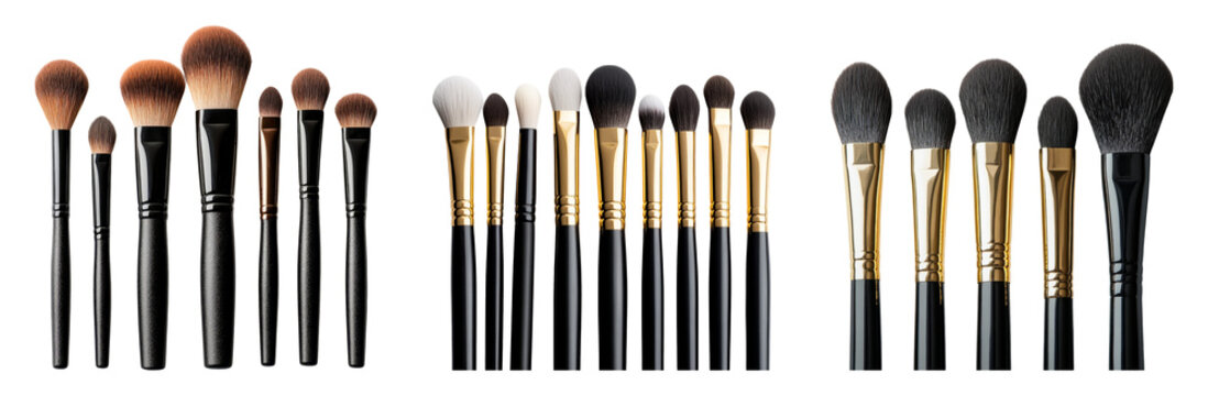 Collection of makeup brushes isolated on a transparent background for beauty