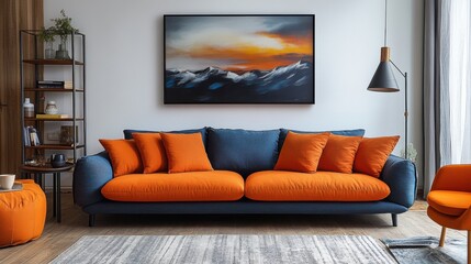 Vibrant living room design with blue sofa and orange lounge chair modern home interior minimalist style bright environment eye-level view interior concept