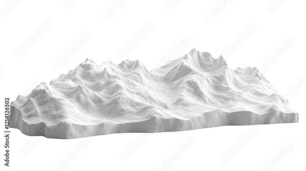 Poster a three dimensional white model of a mountain range isolated on a black background.