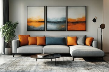 Fototapeta premium Modern minimalist living room design with artistic touches contemporary home interior decoration cozy atmosphere wide angle aesthetic appeal