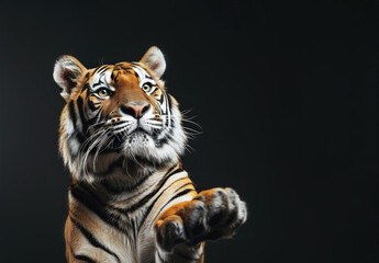 Fototapeta premium Tiger posing with paw up on black background
