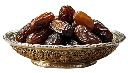 Luxurious Arabic Metal Plate Brimming with Plump Date Fruits Showcasing Timeless Elegance and Rich Cultural Heritage Perfect for Ramadan Iftar Eid Celebrations and Islamic Traditions

