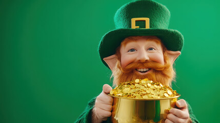Cheerful leprechaun with pot of gold celebrating irish folklore traditions