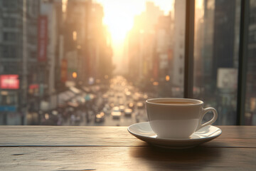 Fototapeta premium A cup of coffee or tea on a bustling cityscape outdoors.