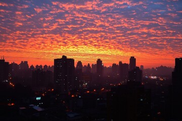 Fototapeta premium Stunning sunset over a bustling cityscape with silhouetted skyscrapers at twilight