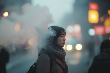 Woman in winter clothing walks through a misty street with glowing lights at dusk