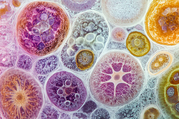 close up of a colorful, fuzzy looking mass of cells. The image is a representation of the microscopic world, with the various colors and shapes of the cells creating a sense of wonder and curiosity