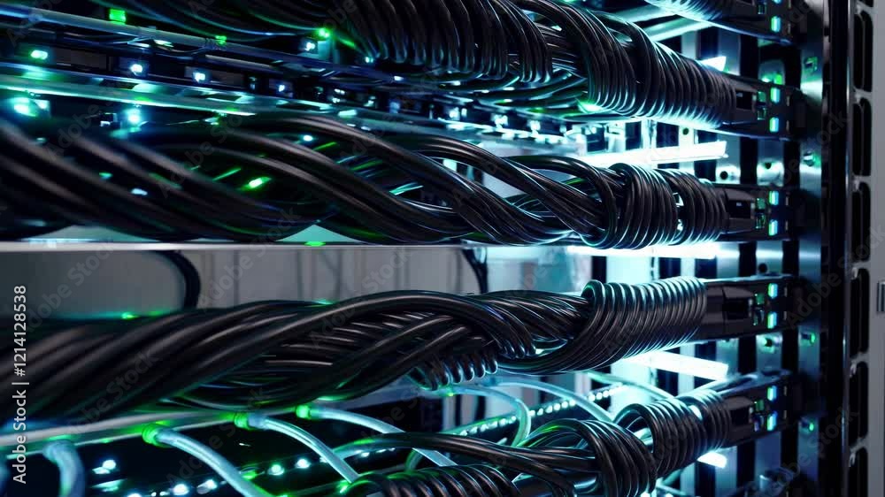 Poster exploring the intricate design and functionality of data server installations with vibrant led light