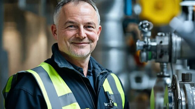 A man factory planner smiles while using predictive maintenance systems, celebrating the factory uninterrupted workflow