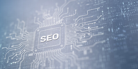 SEO Search Engine Optimization Techniques Illustrated on a Processor, Business and Technology Concept.