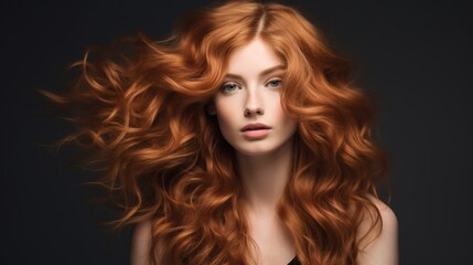 Captivating portrait of a young woman with vibrant red hair striking a confident pose against a dark background