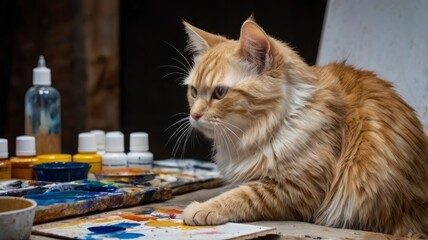 Cymric cat is painting on the canvas