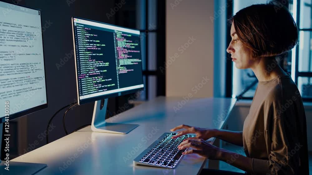 Poster coding session takes place in a modern workspace with dual monitors and creative lighting