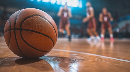 Close-up of a basketball on the court with players in the background