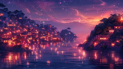 A Diwali celebration lights up an entire village in this glowing flat design illustration