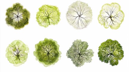 Eight watercolor tree top views with green foliage and dark branches on a white background