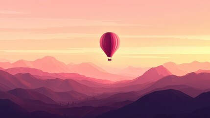Fototapeta premium Illustration wallpaper of an hot air balloon floating in the sky over hills and mountains , banner background in paper art style with copy space