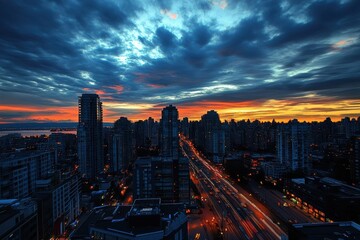 Sunset over downtown skyline with dramatic clouds and city lights in Vancouver