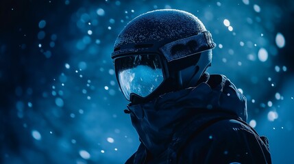 A snowboarder illuminated by the cool glow of the moonlight, their helmet frosted and their eyes reflecting faint auroras in the night sky