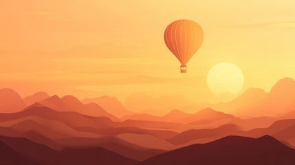 Obraz premium Illustration wallpaper of an hot air balloon floating in the sky over hills and mountains , banner background in paper art style with copy space