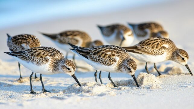 Group of sandpipers foraging for food in the sand. - Powered by Adobe