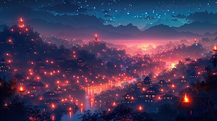 Fototapeta premium A Diwali celebration lights up an entire village in this glowing flat design illustration