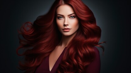Fototapeta premium Vibrant red-haired model showcases long flowing locks in studio setting with dark backdrop