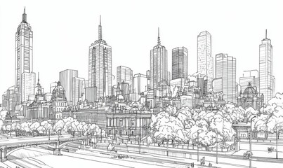City skyline sketch with bridges, trees, and buildings.