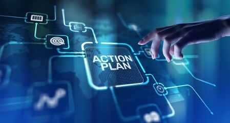 Action Plan Strategic Planning and Goal Setting, projection on a virtual screen, Business and...