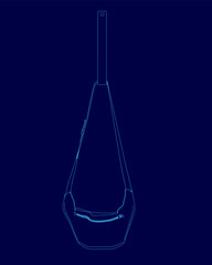 Blue drawing of a purse with a strap hanging down. The purse is shown in a blue drawing