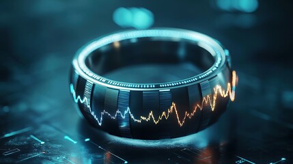 A futuristic metallic ring encasing staggered financial graphs glowing in textured gradients