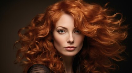 Fototapeta premium Beautiful woman with curly red hair poses confidently against a dark background highlighting her striking features and vibrant locks
