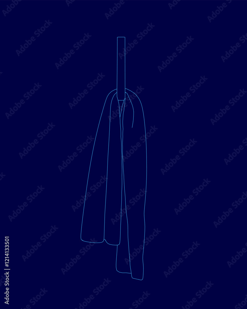 Poster blue background with a towel is hanging from a string. the object is a towel