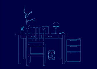 Blue drawing of a desk with a chair and a lamp. The chair is empty and the lamp is turned off
