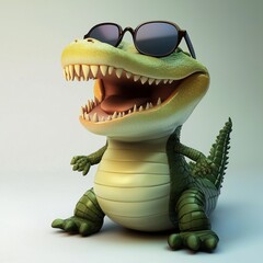 A laughing 3D cartoon crocodile wearing sunglasses.