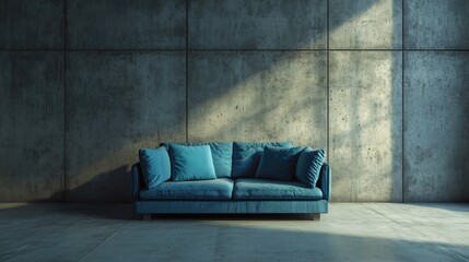 Minimalist interior design of modern living room. Sofa with blue pillows against concrete wall.