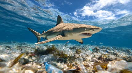 Obraz premium Shark Swimming in Polluted Ocean Environment